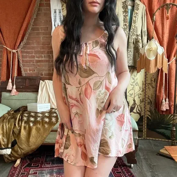 Vtg 90s SILX by August Silk 100% Silk Pink Rose Floral Mini Dress - Picture 1 of 4